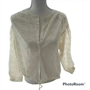Free People Womens Eyelet Lace Drawstring Button Blouse Bohemian Cream T…